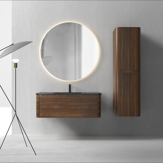 Flow baderomsmøbel 100 cm valnøtt m/sort matt servant + ledspeil og høyskap
