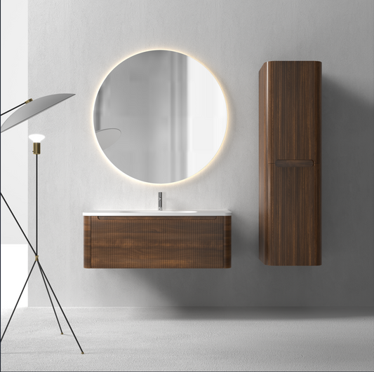 Flow baderomsmøbel 100 cm valnøtt m/hvit matt servant + ledspeil og høyskap