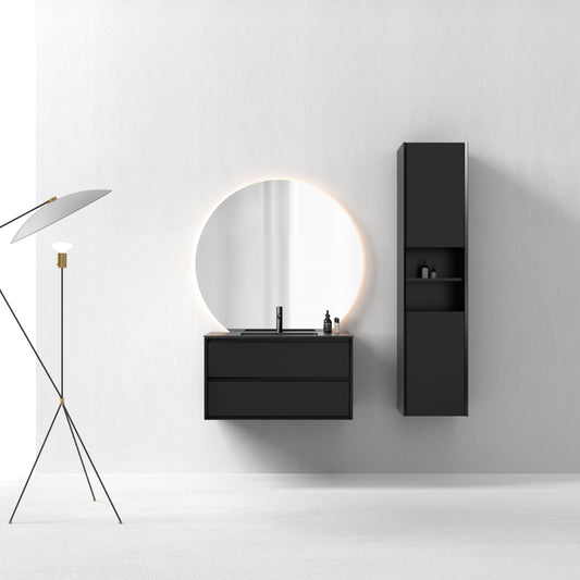 Oslo baderomsmøbel sort matt 90 cm m/sort matt servant, med neptun ledspeil & høyskap