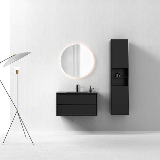 Oslo baderomsmøbel sort matt 90 cm m/sort matt servant, med earth ledspeil & høyskap