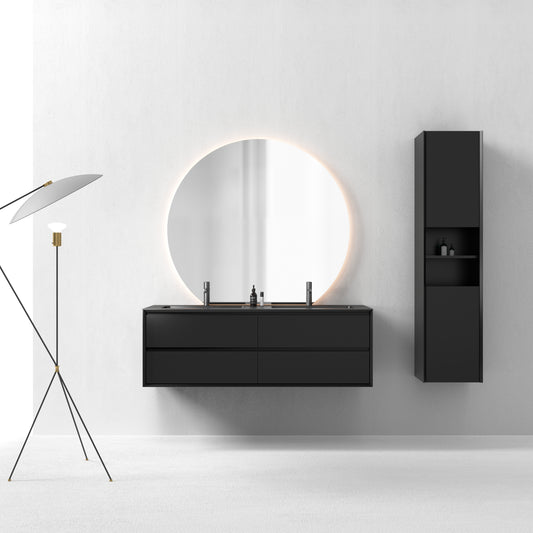 Oslo baderomsmøbel sort matt 150 cm m/sort matt servant, med neptun ledspeil & høyskap