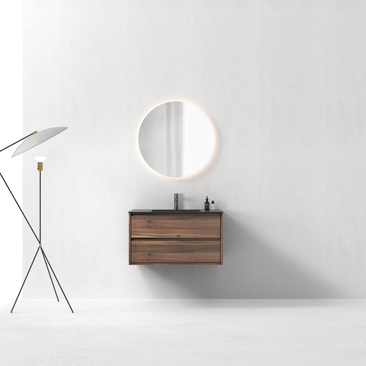 Oslo baderomsmøbel 90 cm valnøtt m/sort matt servant & 90 ledspeil