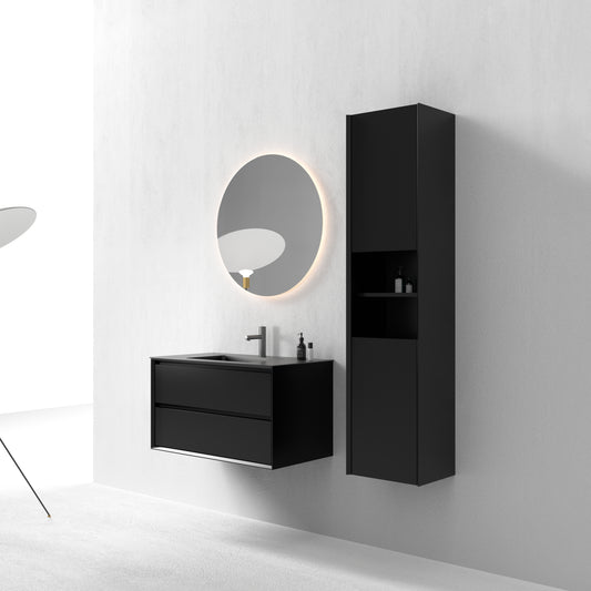 Oslo baderomsmøbel sort matt 90 cm m/sort matt servant, med earth ledspeil & høyskap