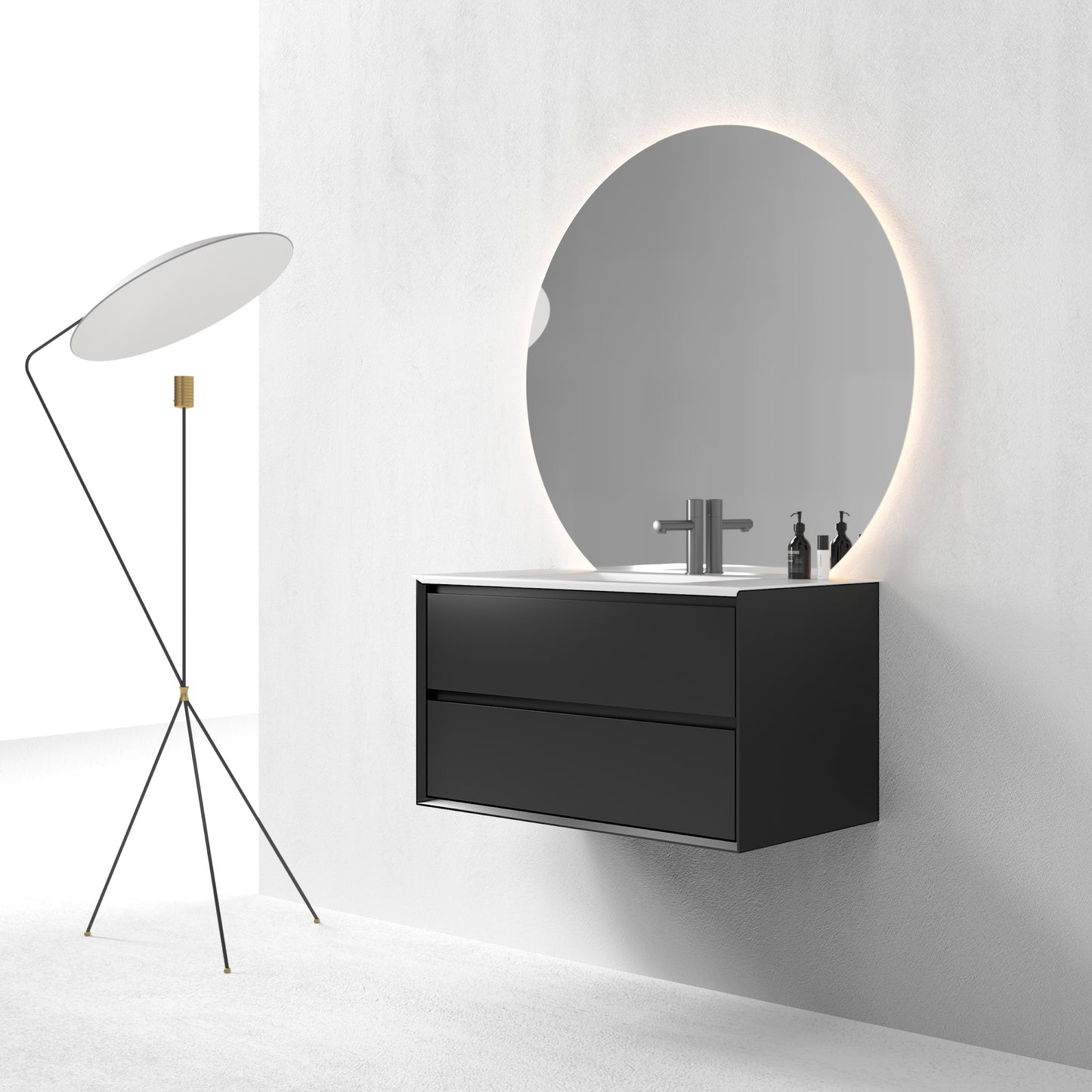 Oslo baderomsmøbel sort matt 90 cm m/hvit matt servant & neptun ledspeil