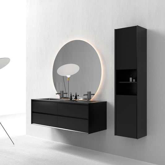 Oslo baderomsmøbel sort matt 150 cm m/sort matt servant, med neptun ledspeil & høyskap