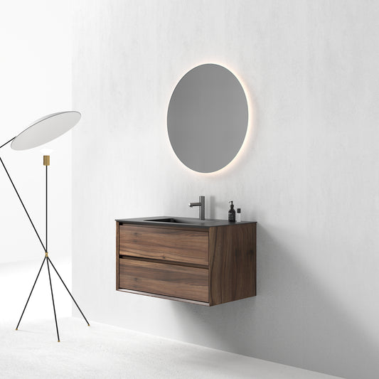 Oslo baderomsmøbel 90 cm valnøtt m/sort matt servant & 90 ledspeil