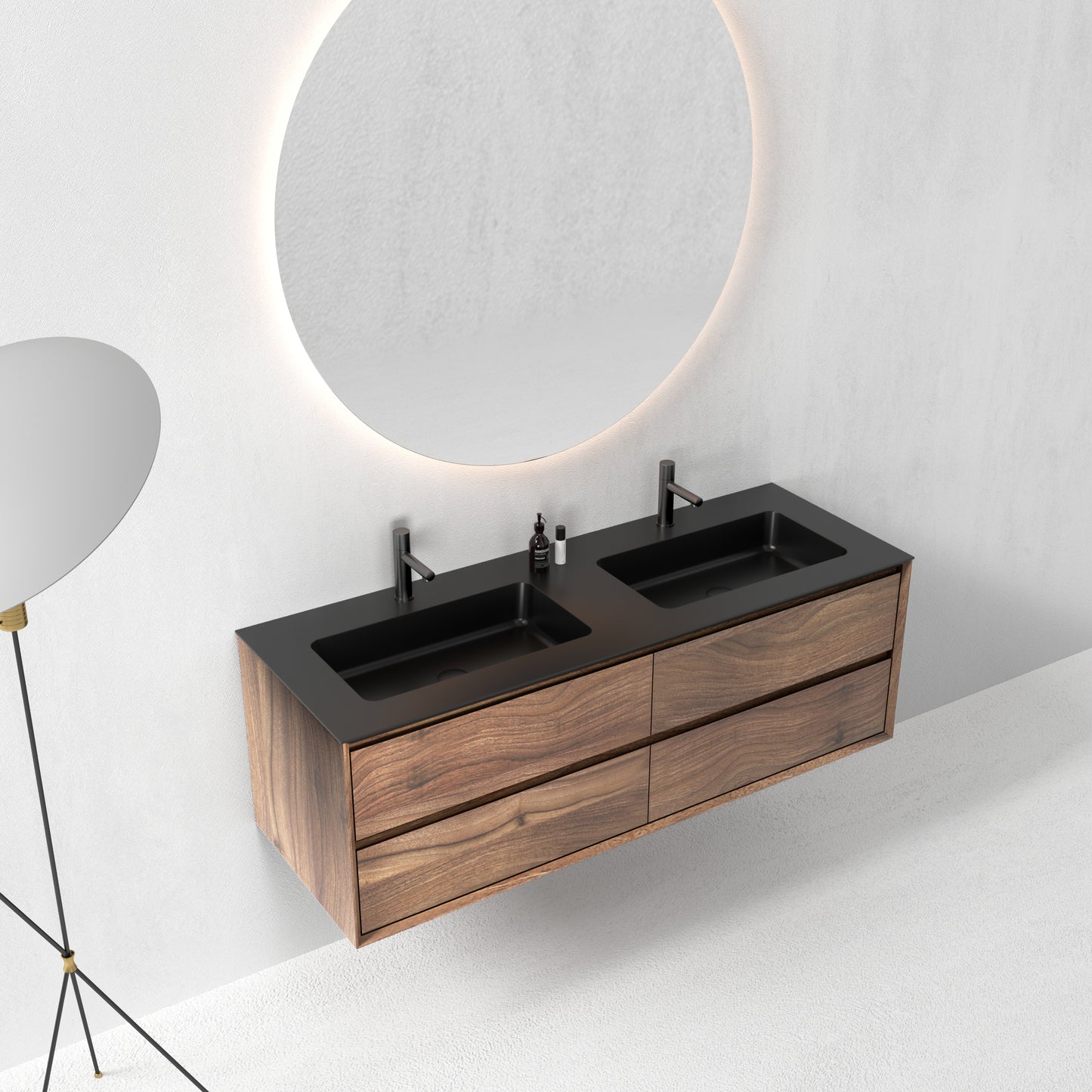 Oslo baderomsmøbel 150 cm valnøtt m/sort matt servant & 110 ledspeil