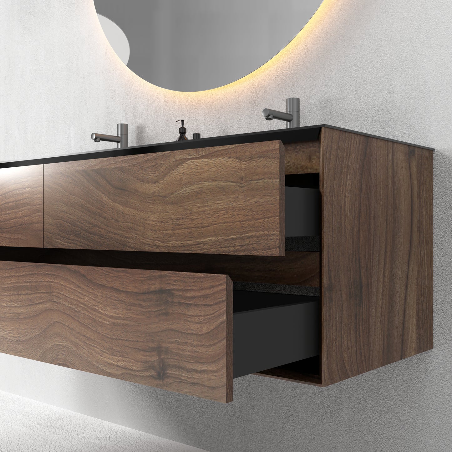 Oslo baderomsmøbel 150 cm valnøtt m/sort matt servant & 110 ledspeil