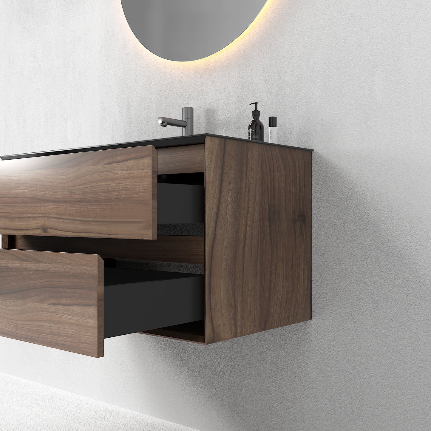 Oslo baderomsmøbel 90 cm valnøtt m/sort matt servant & 90 ledspeil