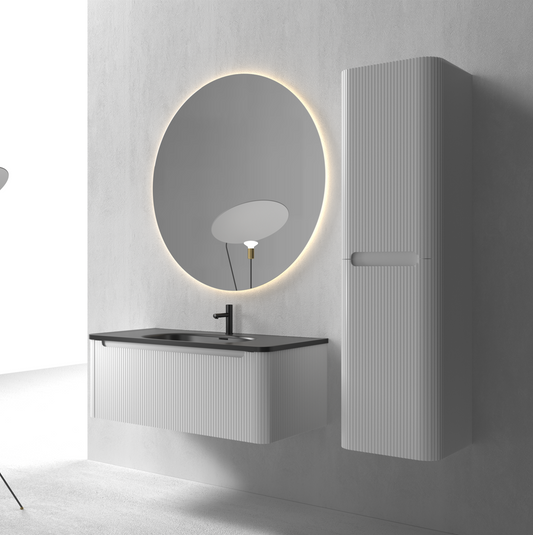 Flow baderomsmøbel 100 cm hvit m/sort matt servant + ledspeil og høyskap