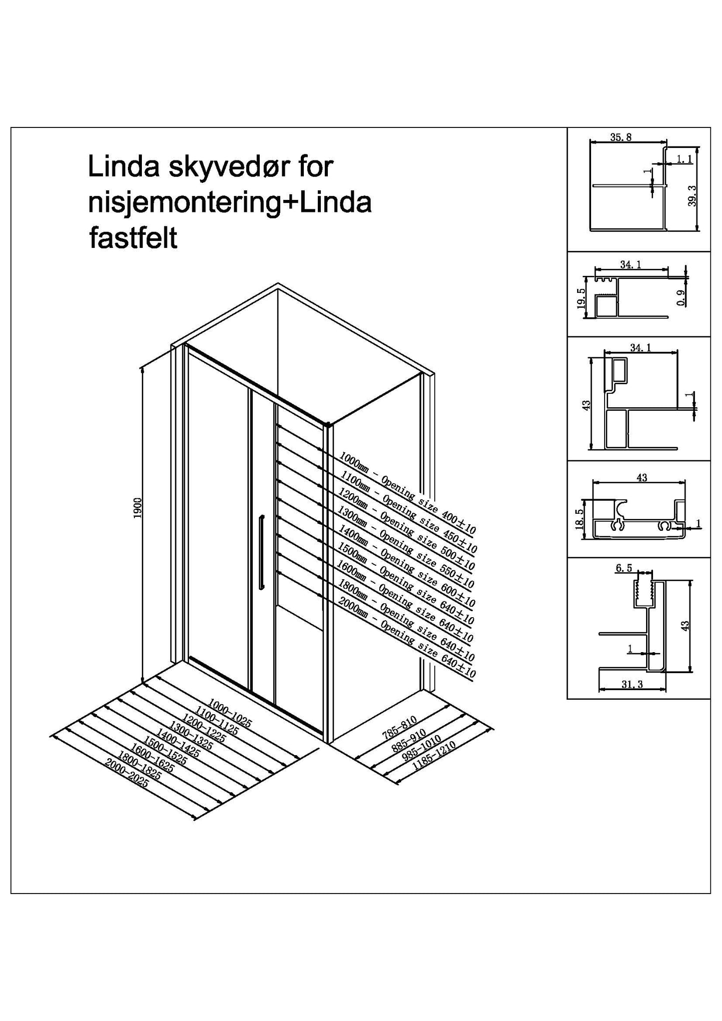 Linda pro skyvedør med fastfelt sort matt - Flere størrelser