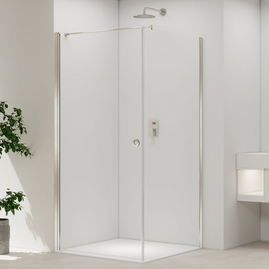 Adelen 90 cm dør + sidefastfelt 80 cm klart glass, børstet stål profil
