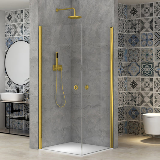 Adelen - dusjdører 90x90x200cm klart glass, børstet gull profil