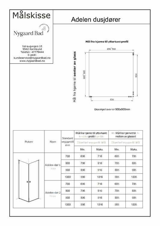 Adelen - dusjdører 90x90x200cm klart glass, børstet kobber profil