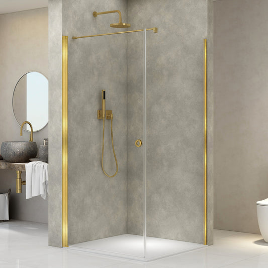 Adelen 100 cm dør + sidefastfelt 120 cm klart glass, børstet gull profil
