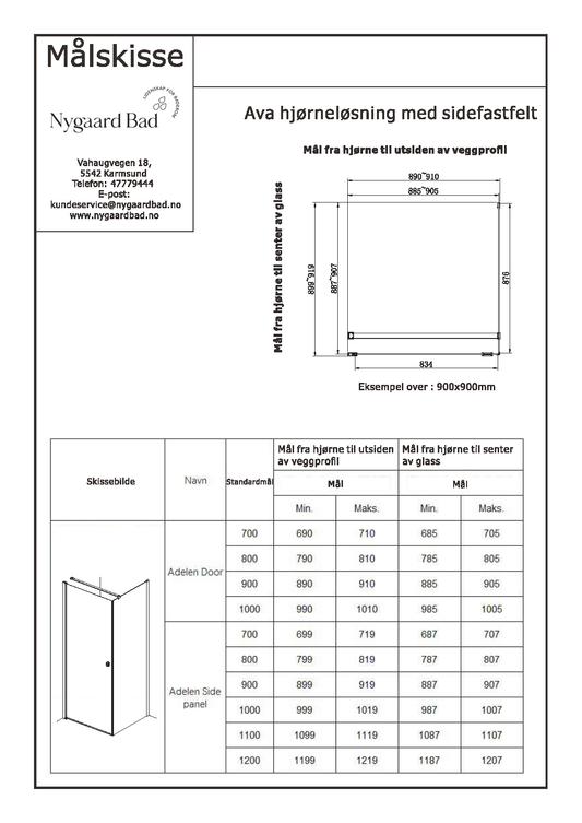 Adelen 90 cm dør + sidefastfelt 90 cm klart glass, krom profil
