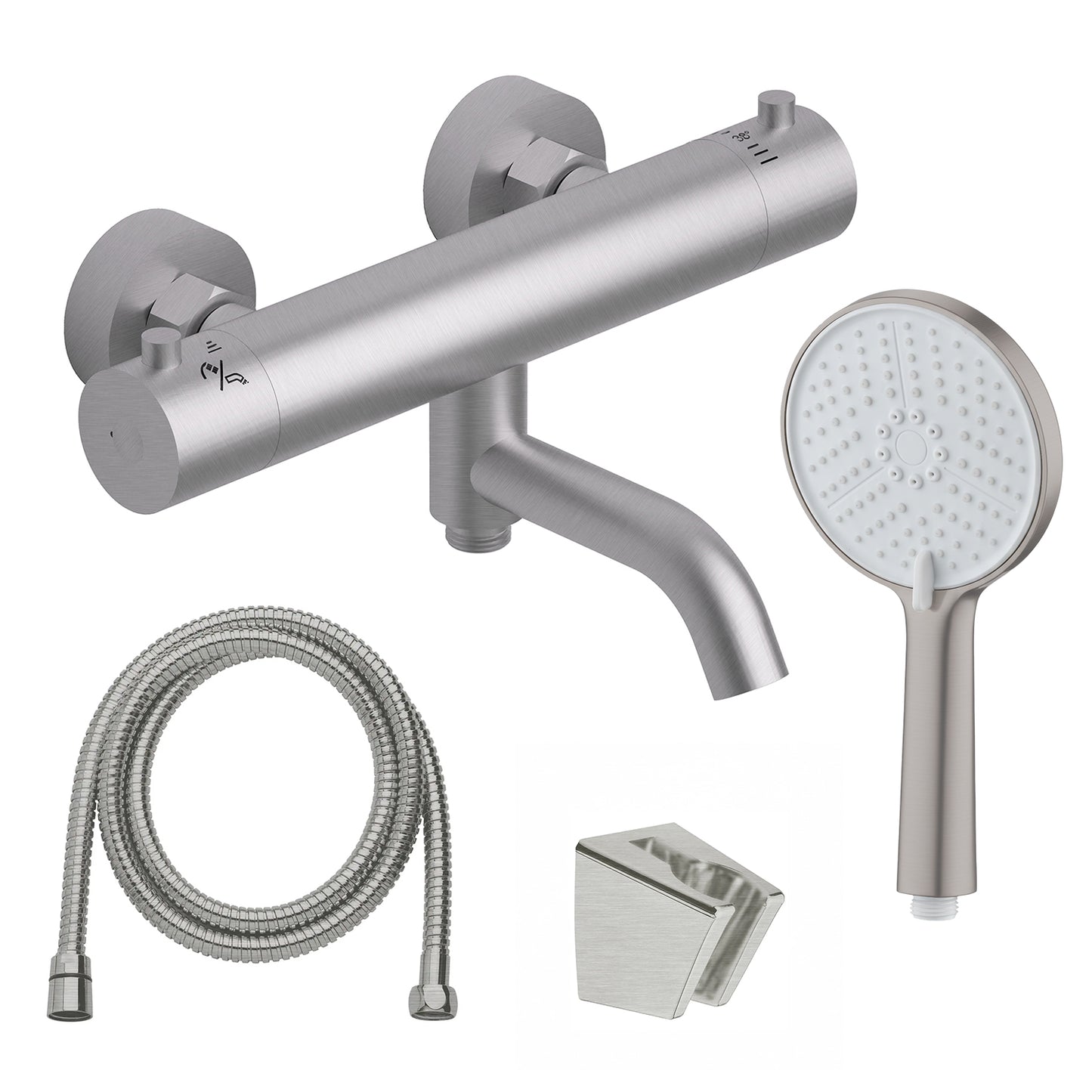 Fusion kararmatur m/slange, hånddusj og veggbrakett, børstet