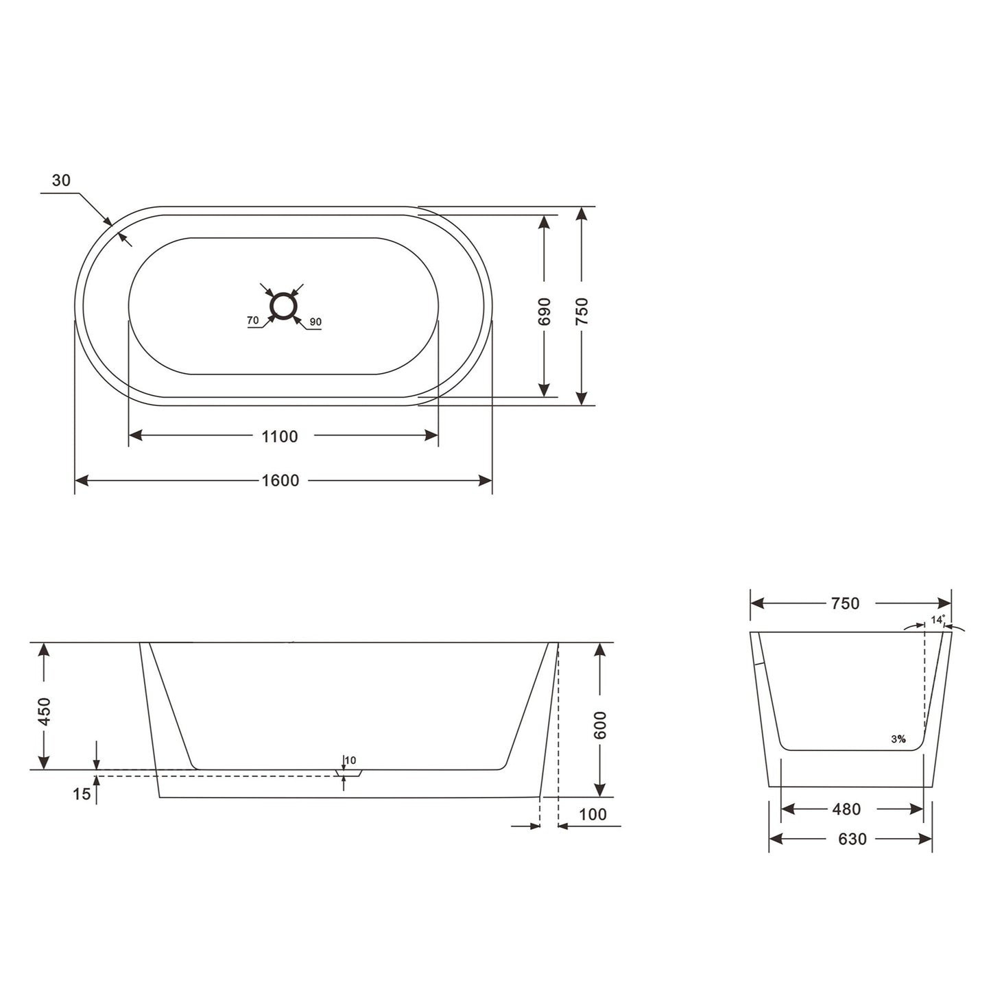 Hallingdal 160 cm akryl badekar, hvit matt
