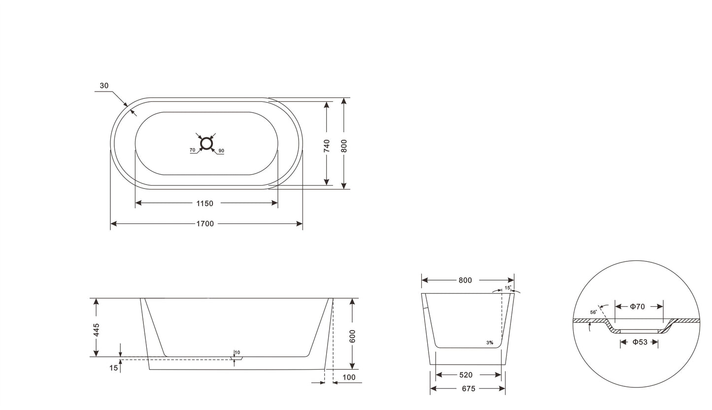 Stetind 170 cm akryl badekar med kant, hvit matt