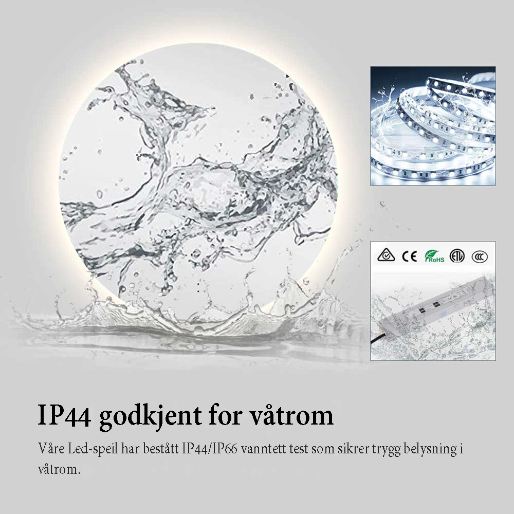 Earth rundt lysspeil m/antidugg ø100 cm