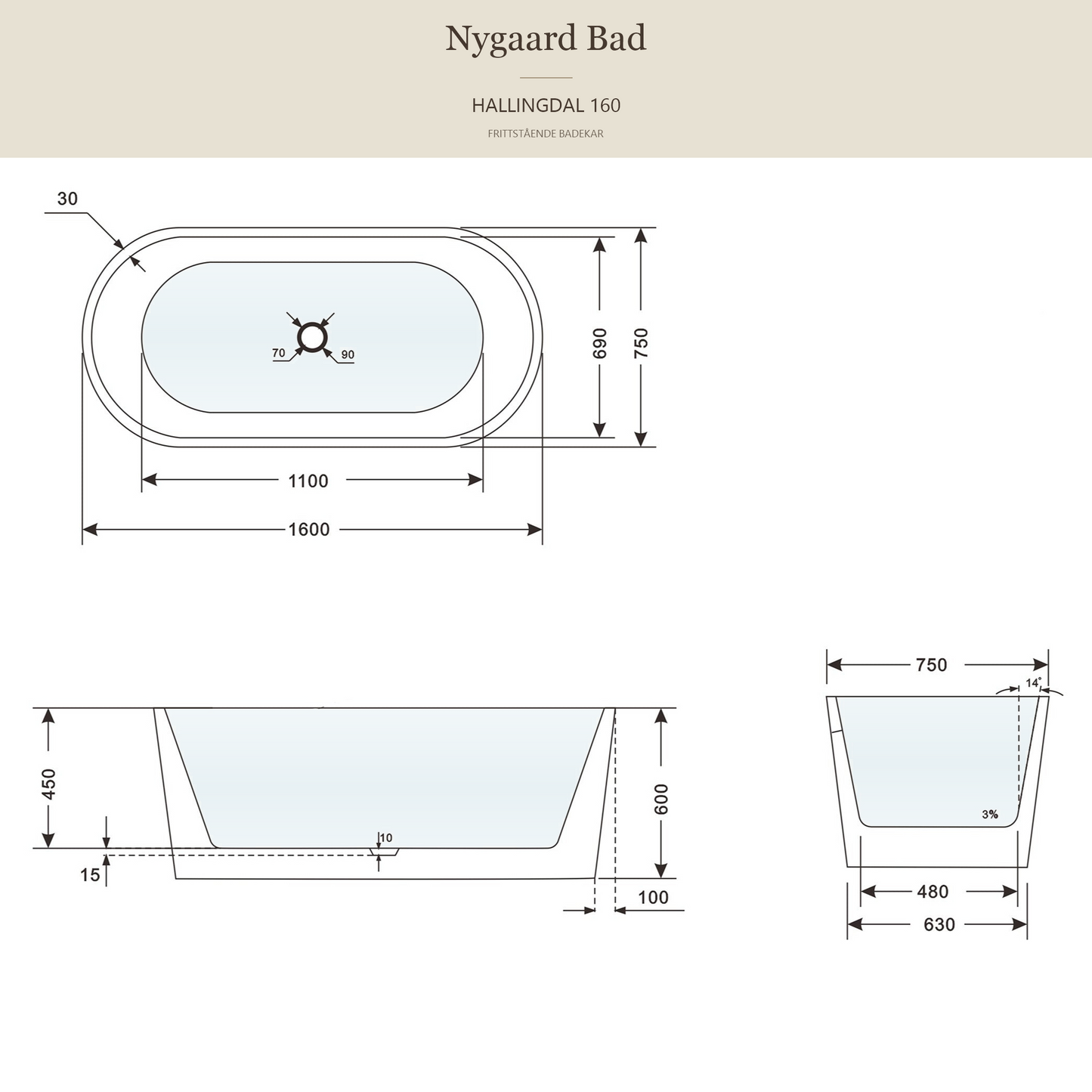 Hallingdal 160 cm akryl badekar, hvit matt