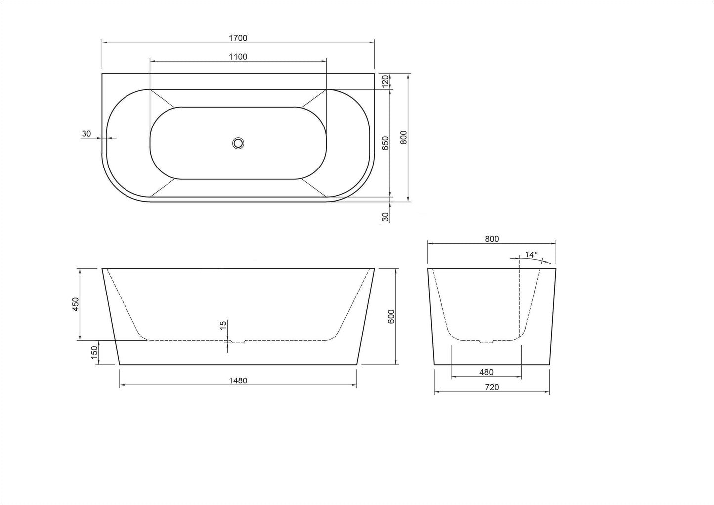 Stetind 170 cm akryl badekar med kant, hvit matt