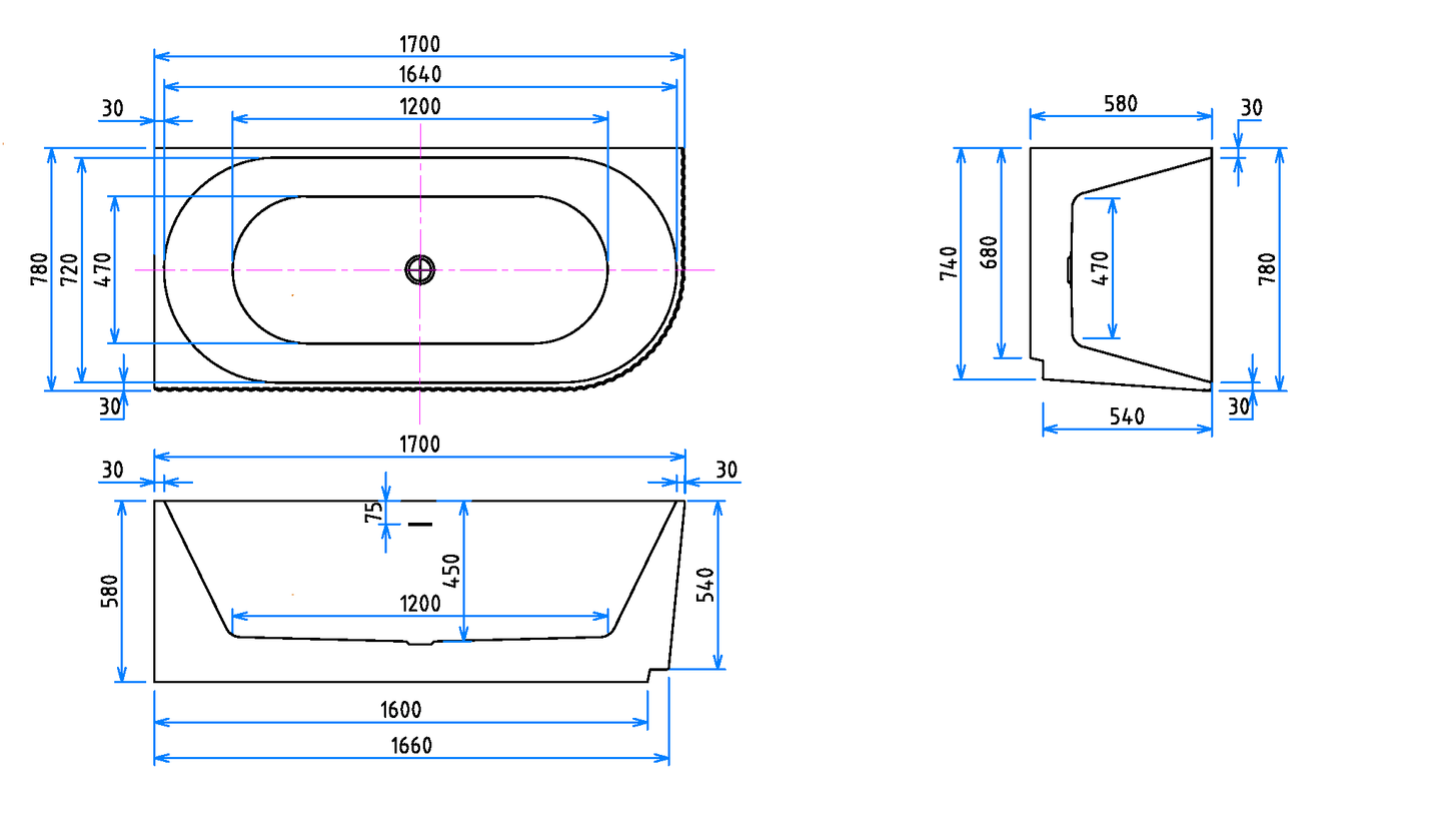 Romsdalen 170 cm, venstre akryl badekar, hvit matt