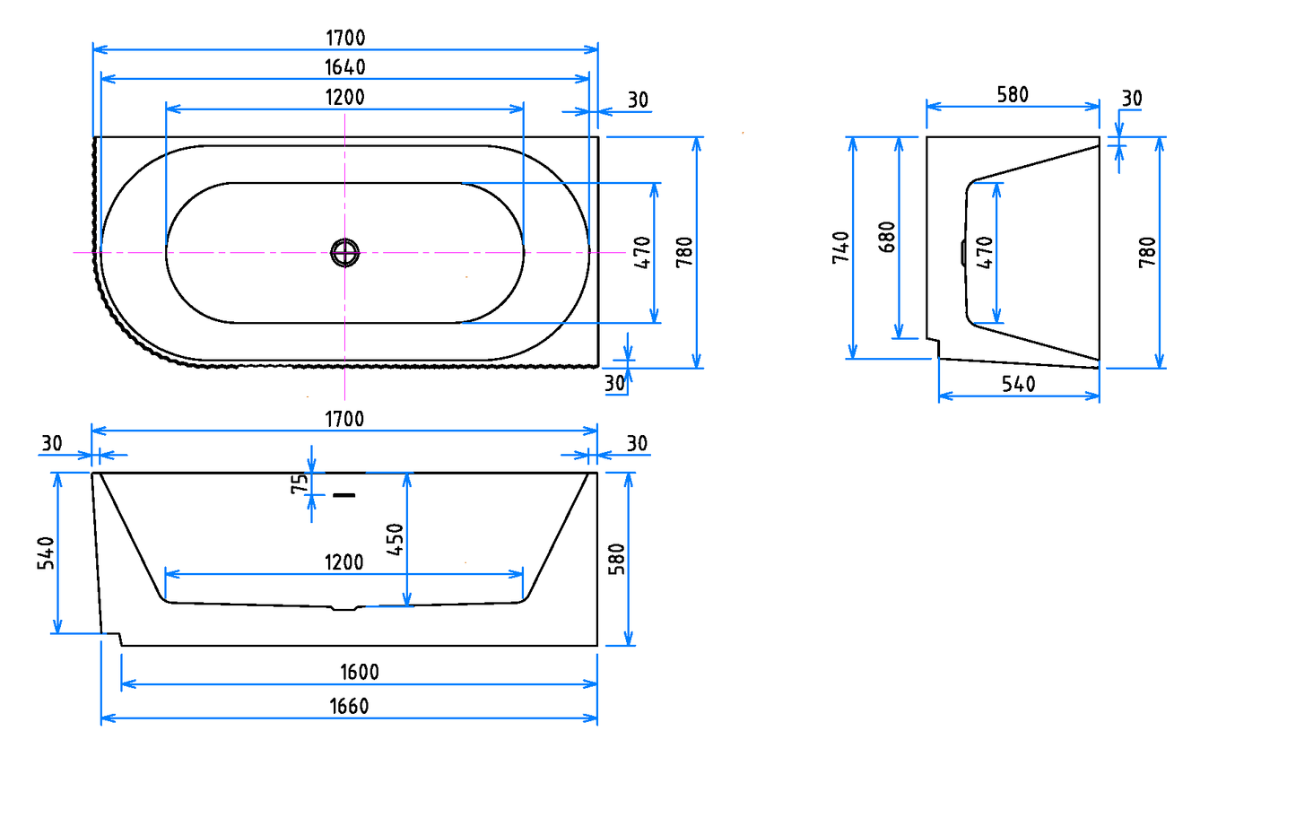 Romsdalen 170 cm, høyre akryl badekar, hvit matt