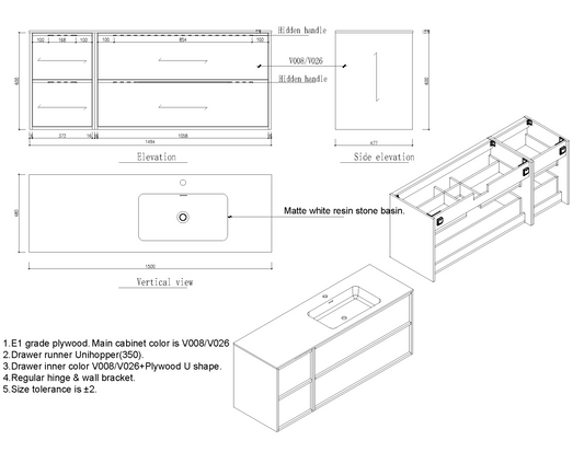 Nordic frame 150 lys grå m/enkel servant UTEN/speil, høyre