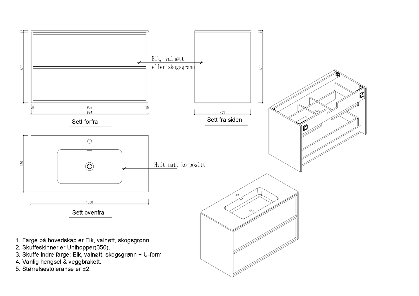 Nordic frame 100 skogsgrønn m/servant UTEN/speil