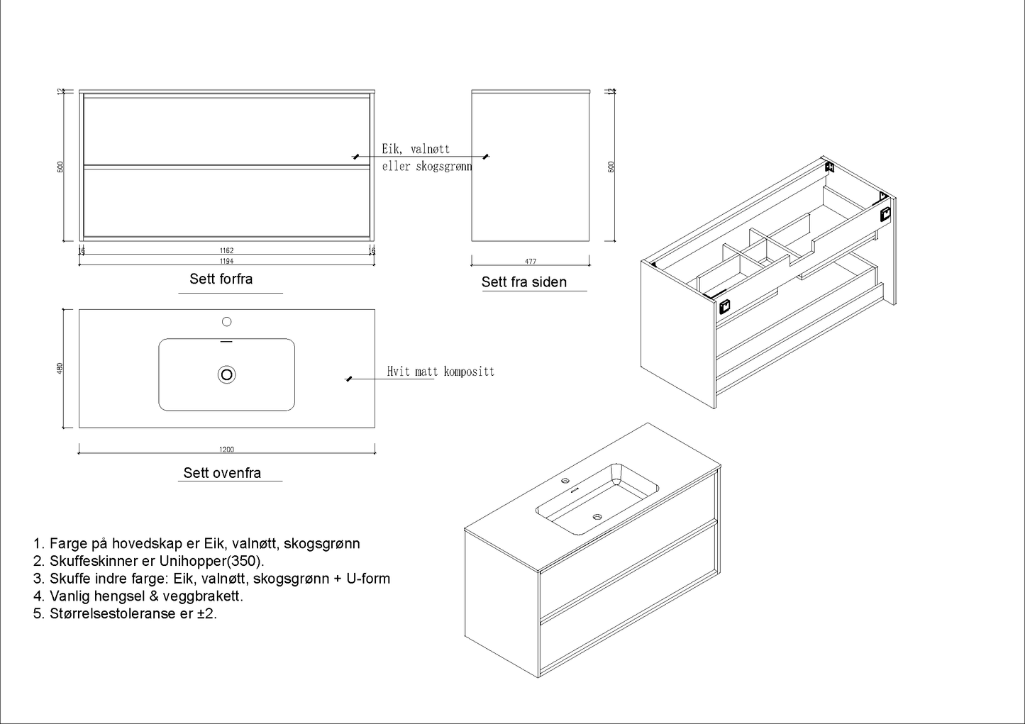 Nordic frame 120 skogsgrønn m/servant UTEN/speil