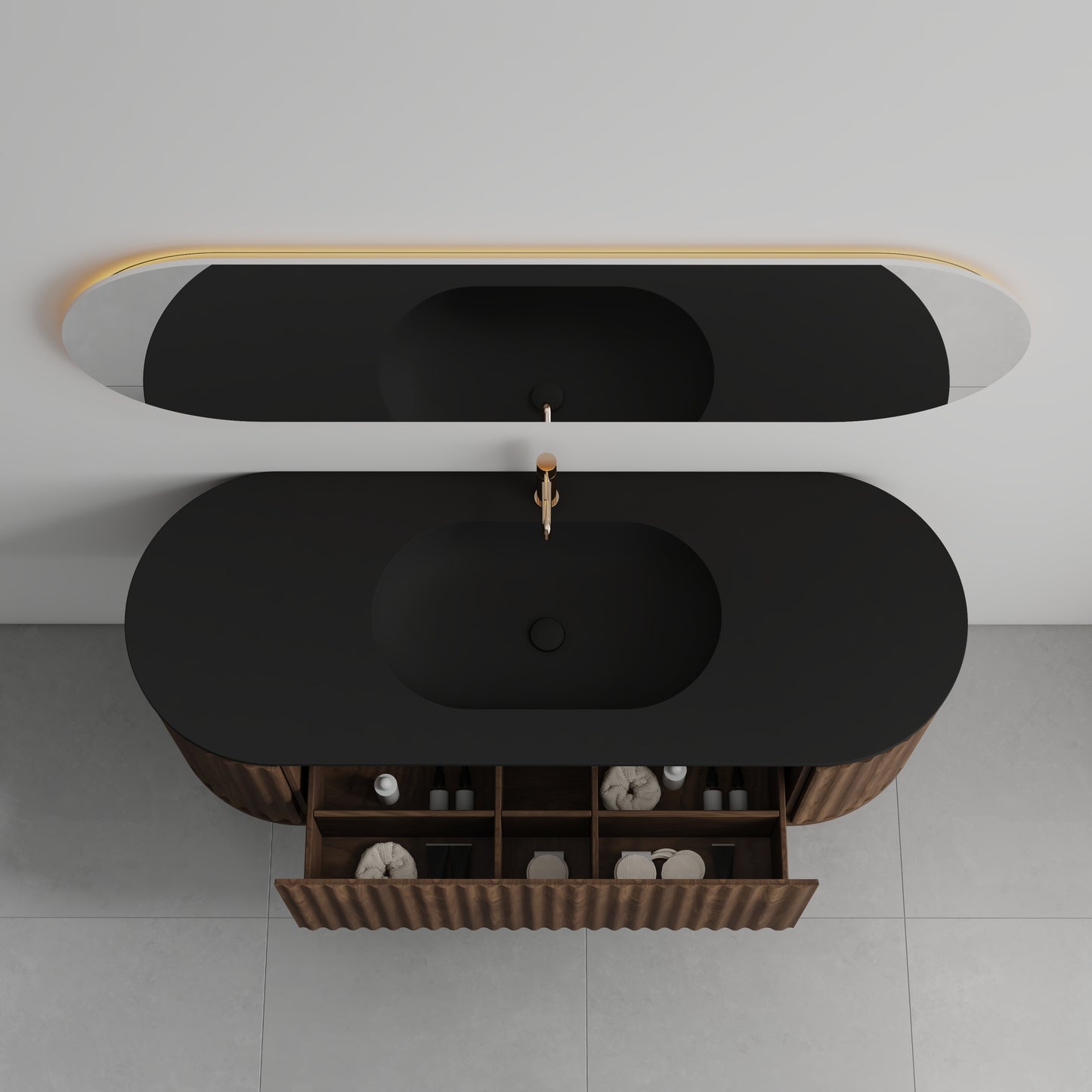 Nordic shape 150 valnøtt med sort matt servant og ledspeil