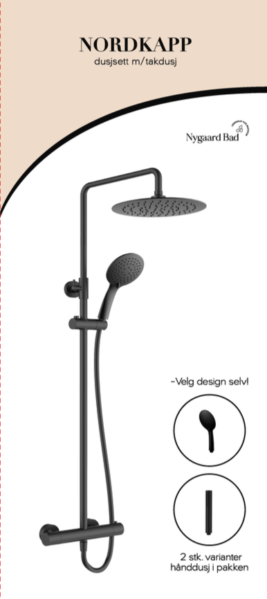 Nordkapp takdusj sort matt, med valgfri hånddusj!