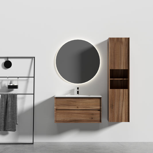Oslo baderomsmøbel 90 cm valnøtt med ledspeil og høyskap