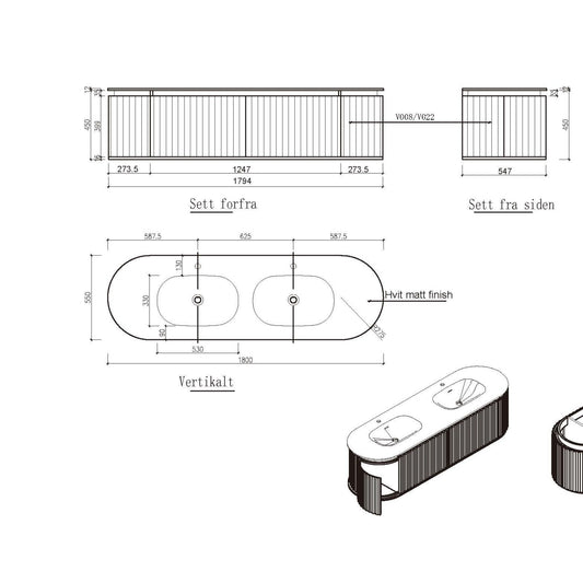Nordic shape 180 beige med dobbel servant u/speil