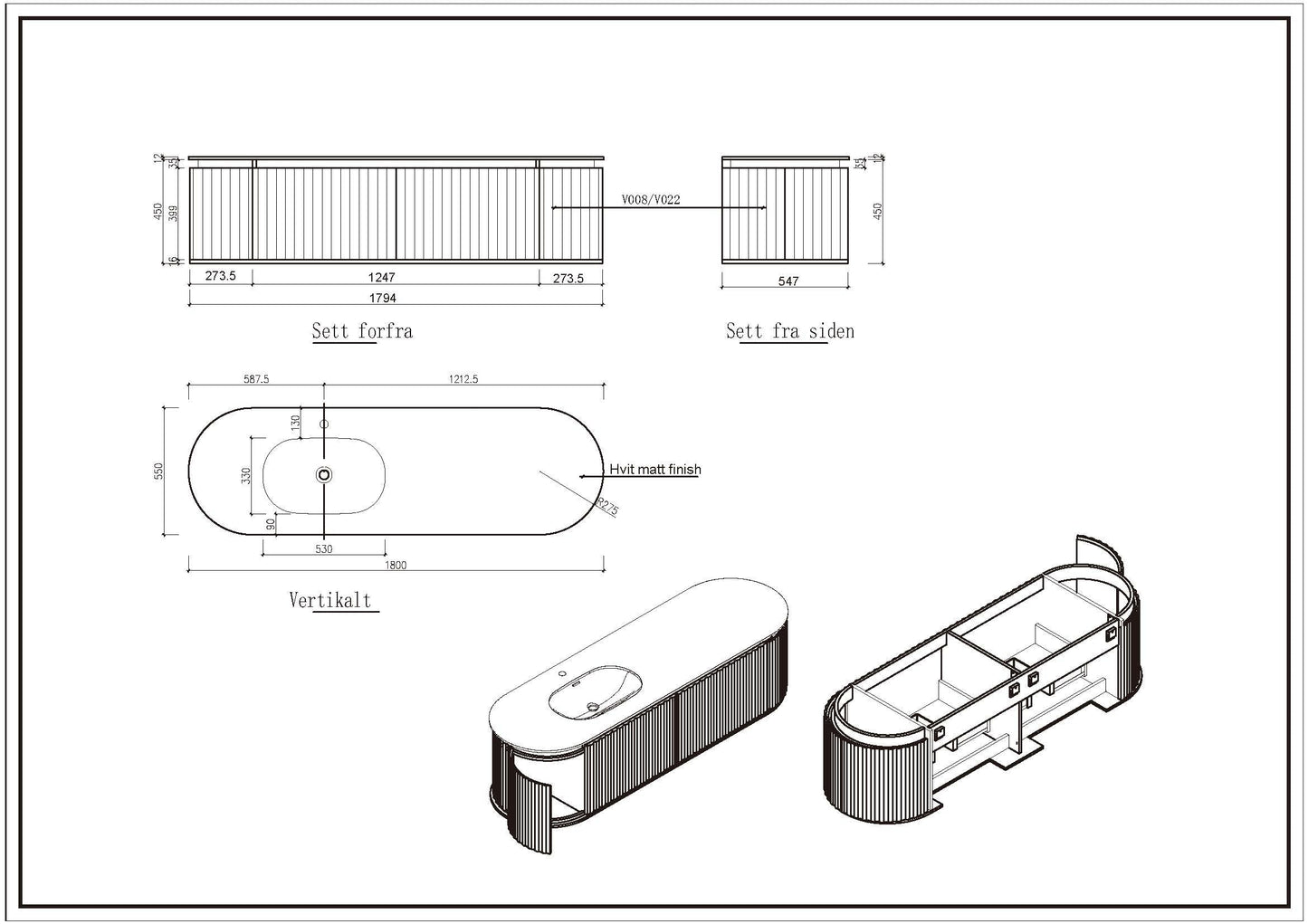 Nordic shape 180 valnøtt med enkel/servant UTEN hull for blandebatteri. UTEN/speil
