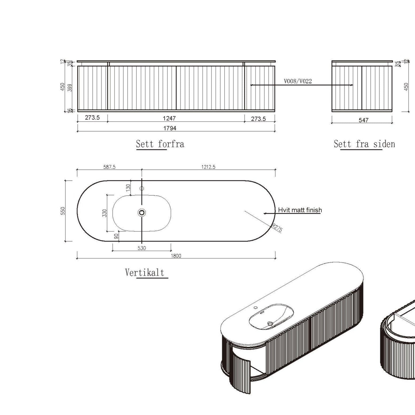 Nordic shape 180 eik med enkel/servant UTEN hull for blandebatteri. Inkludert speil
