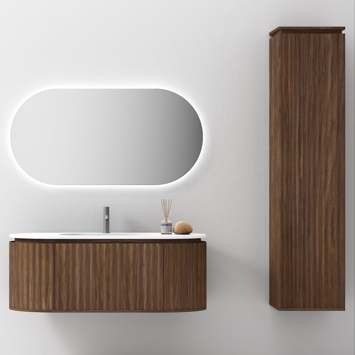 Nordic shape baderomsmøbel 120 cm med ledspeil og høyskap, valnøtt