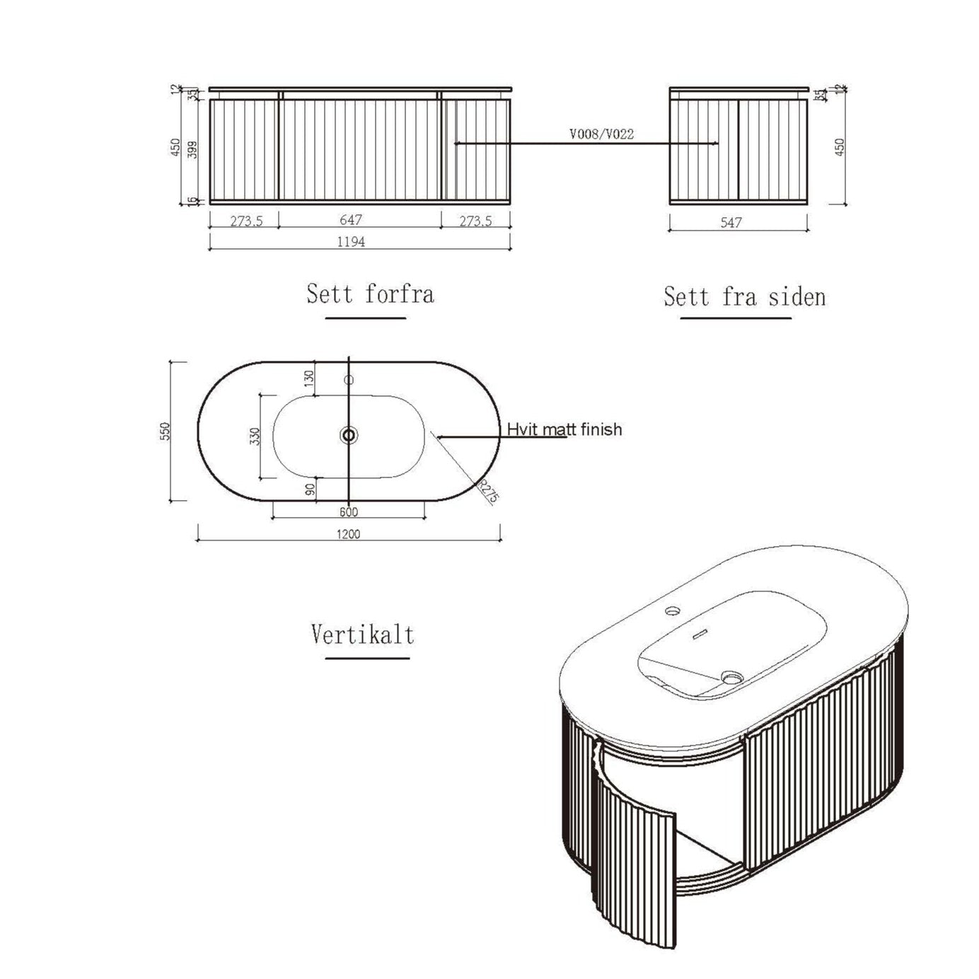 Nordic shape 120 valnøtt med servant u/speil