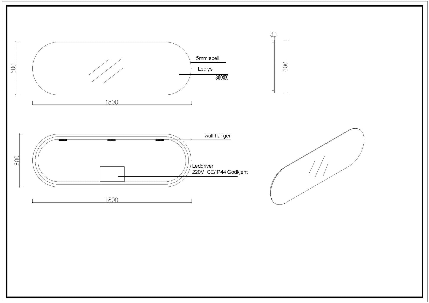 Nordic shape 180 valnøtt med enkel/servant UTEN hull for blandebatteri. Inkludert speil