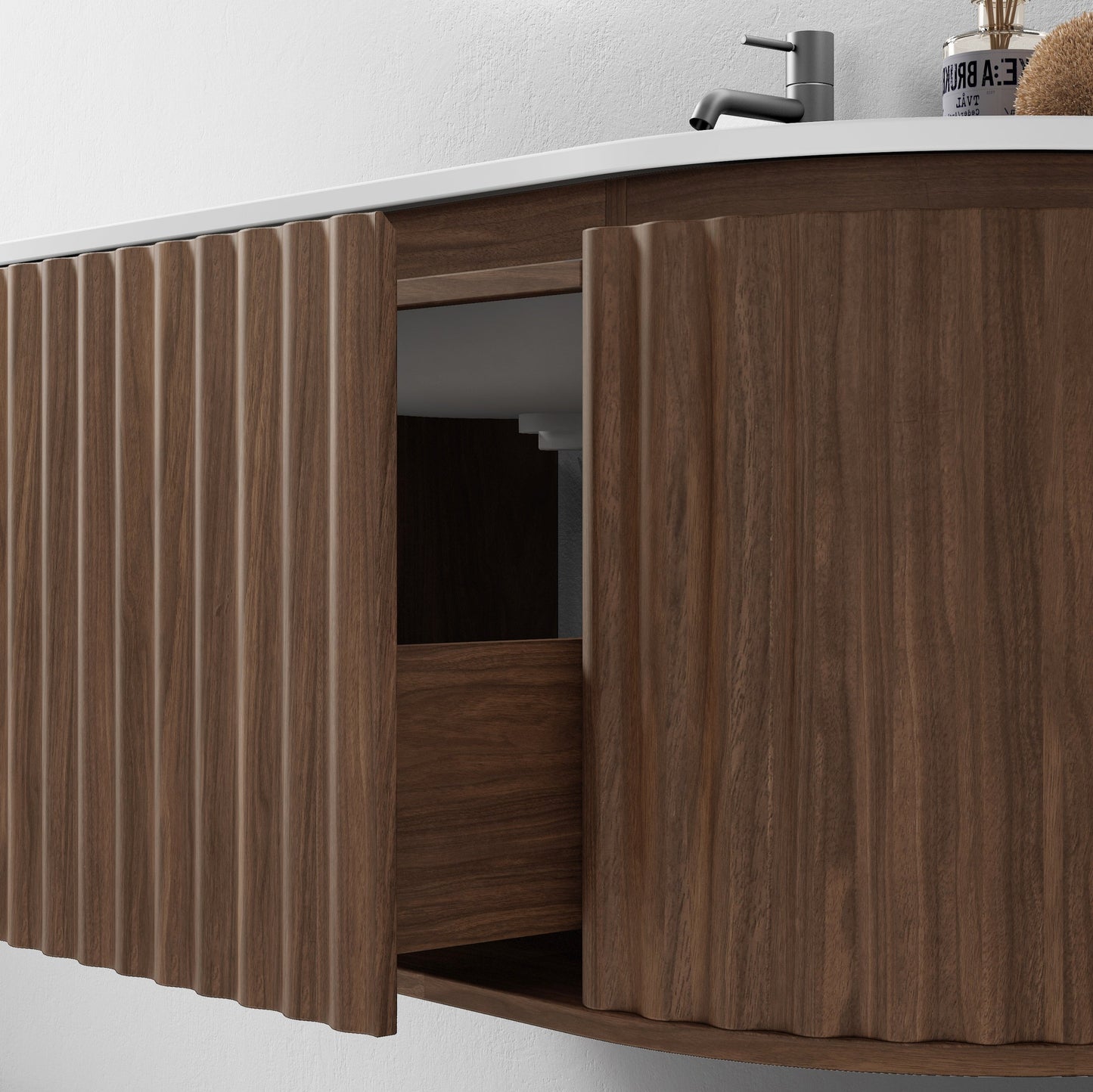 Nordic shape baderomsmøbel 120 cm med ledspeil og høyskap, valnøtt