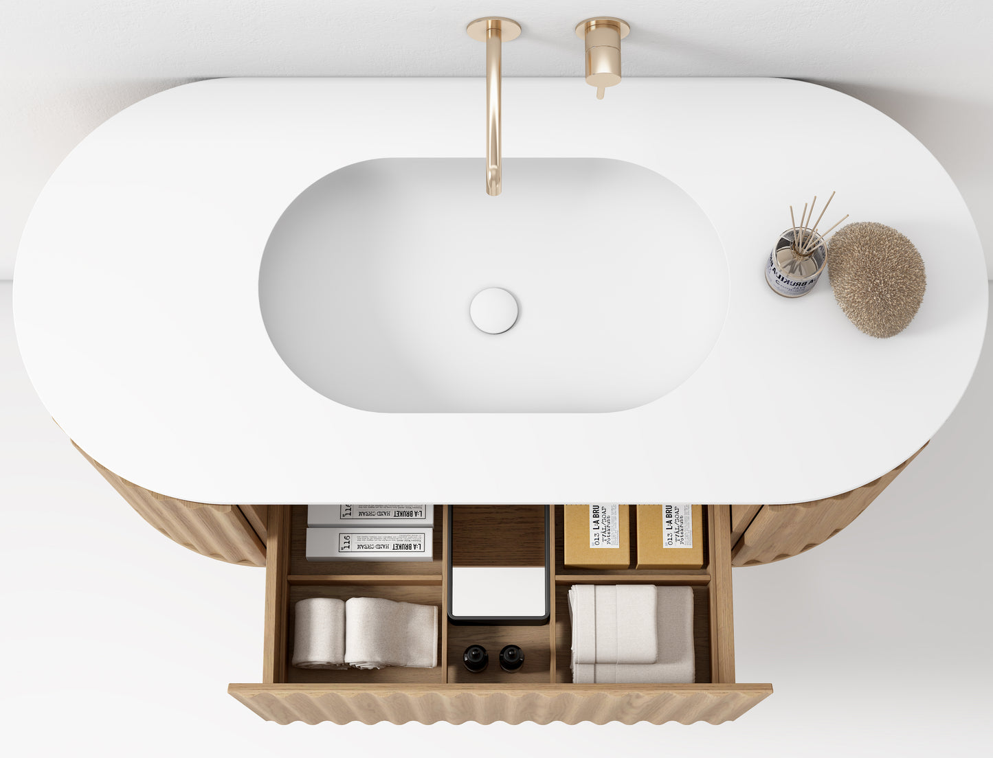 Nordic shape baderomsmøbel 120 cm med ledspeil og høyskap, eik V2