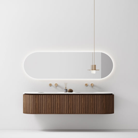 Nordic shape 180 valnøtt med dobbel/servant UTEN hull for blandebatteri. Inkludert speil