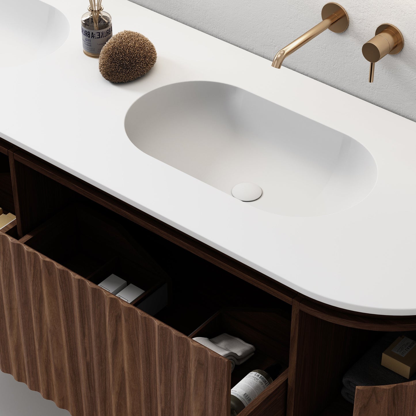Nordic shape 180 valnøtt med dobbel/servant UTEN hull for blandebatteri. UTEN/speil