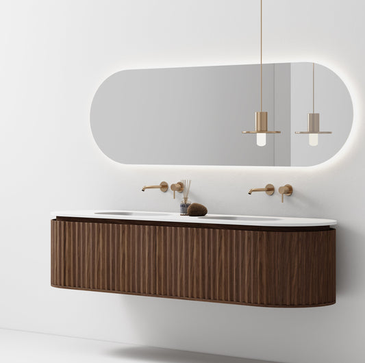 Nordic shape 180 valnøtt med dobbel/servant UTEN hull for blandebatteri. Inkludert speil