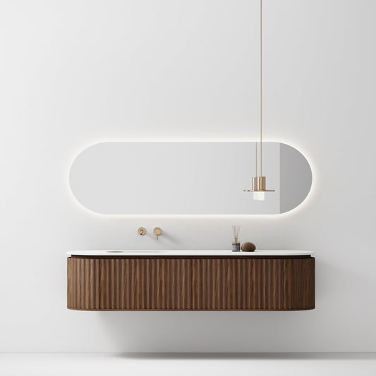 Nordic shape 180 valnøtt med enkel/servant UTEN hull for blandebatteri. Inkludert speil