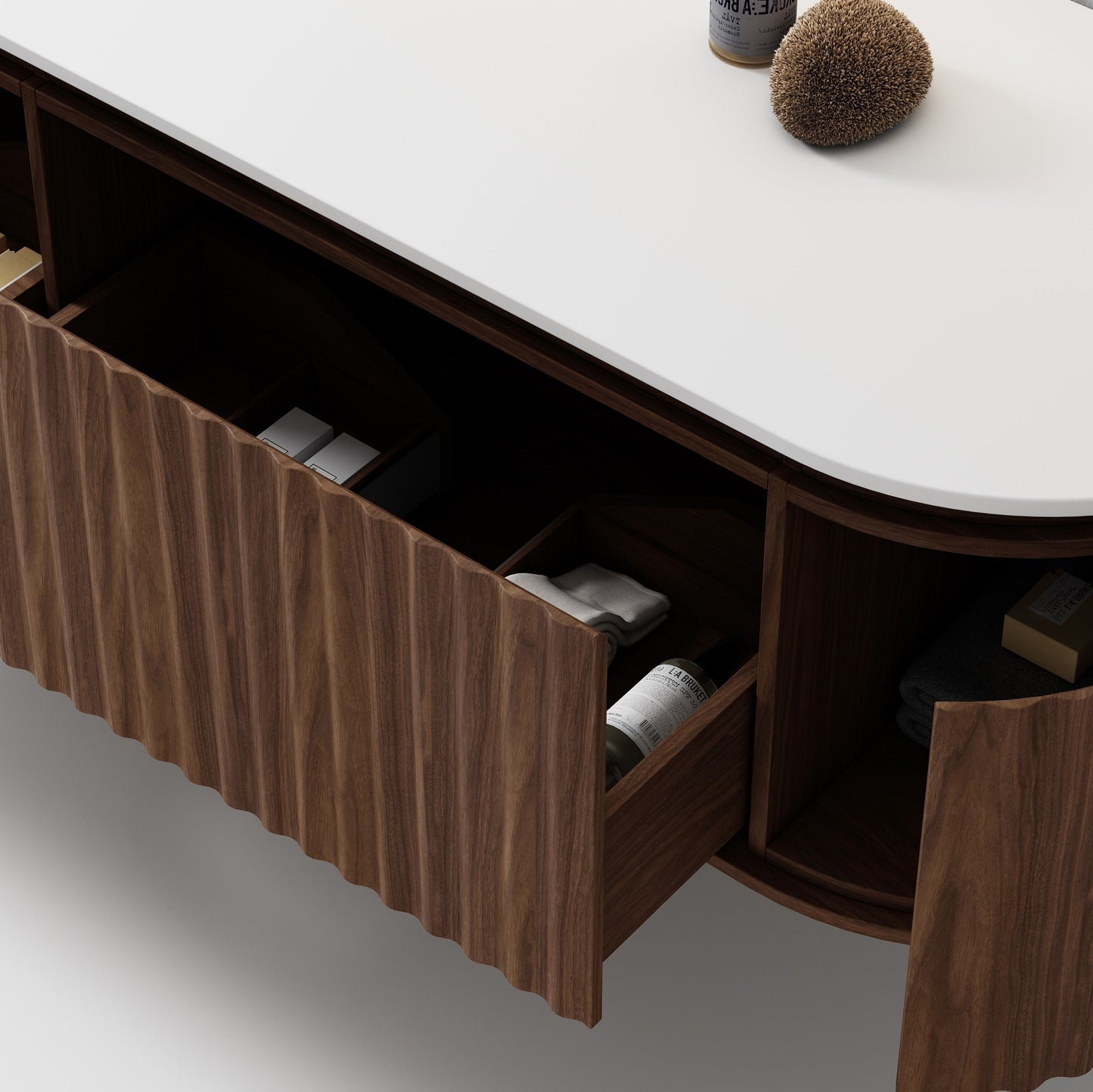Nordic shape 180 valnøtt med enkel/servant UTEN hull for blandebatteri. Inkludert speil