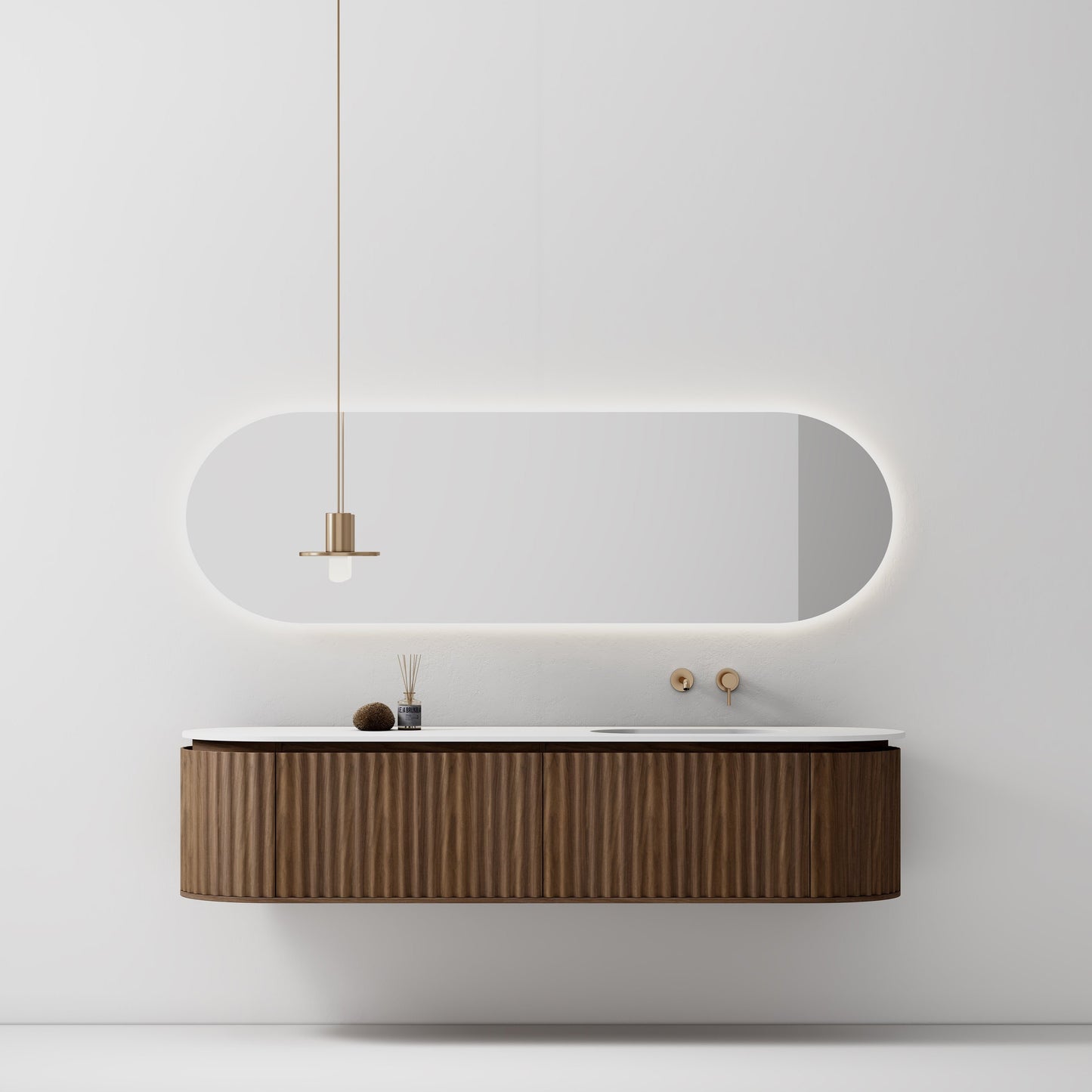 Nordic shape 180 valnøtt med enkel/servant UTEN hull for blandebatteri. Inkludert speil