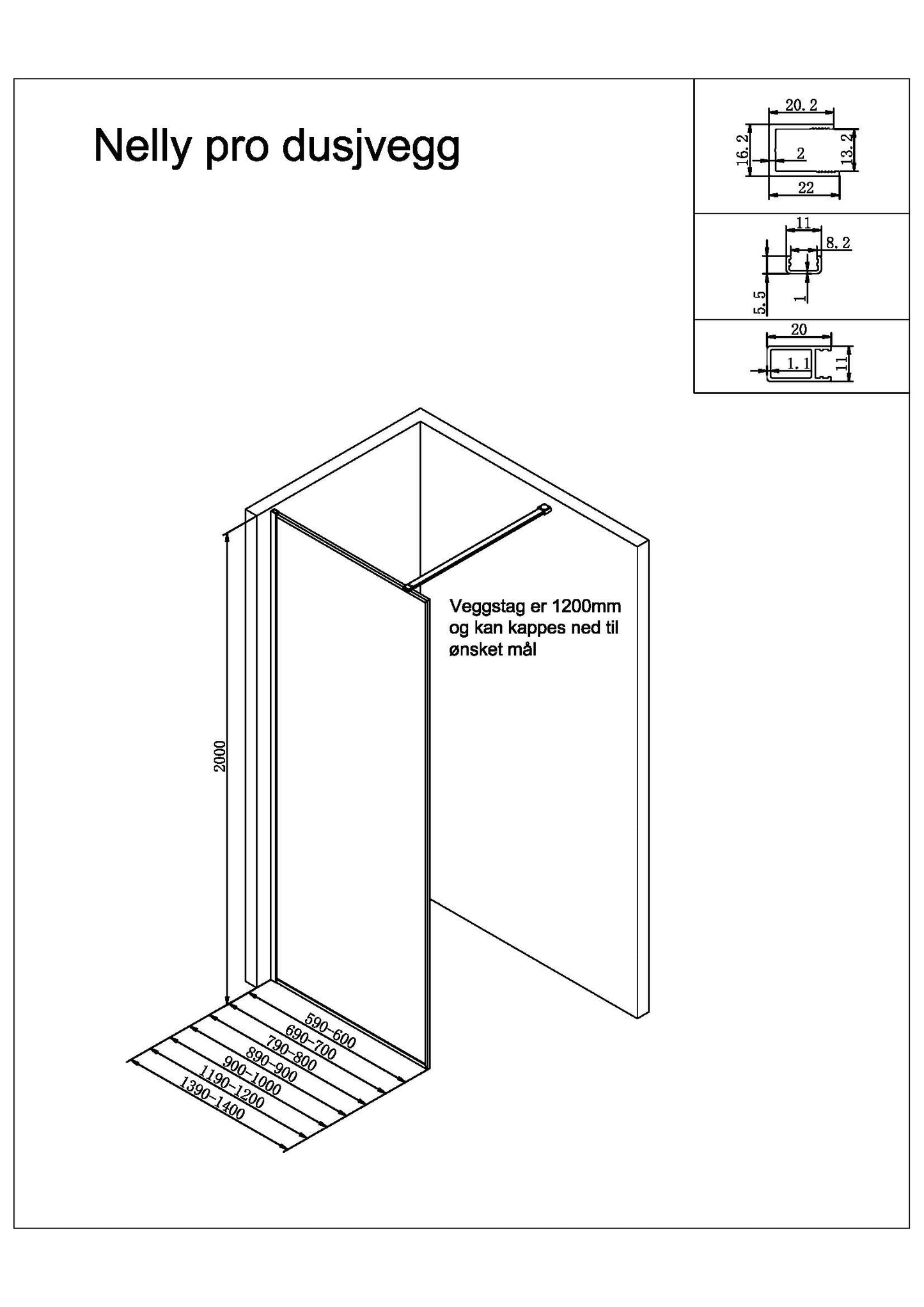 Nelly pro dusjvegg med 8 mm linjeglass, sort matt profil