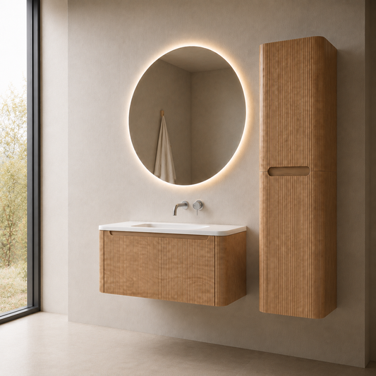 Flow baderomsmøbel 100 cm eik m/hvit matt servant + ledspeil og høyskap